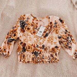 Women's Floral Top - Cream and Brown
